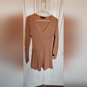 Anna Grace Ribbed V-Neck Long Sleeve Dress in Camel